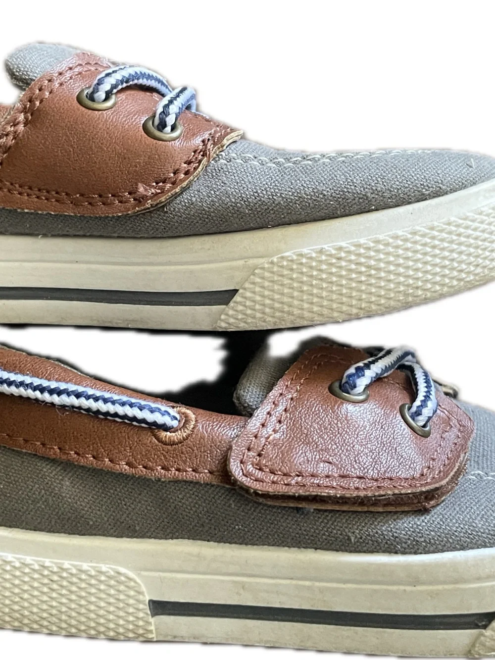 Carter's Kid’s Gray Canvas Boat Shoes with Brown Accents and Blue-White Laces
